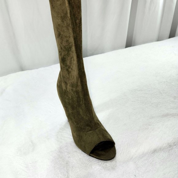So Me Olive Green Open Toe Stretch Stocking OTK Thigh Boots 4" Chunky Heel - Picture 6 of 7